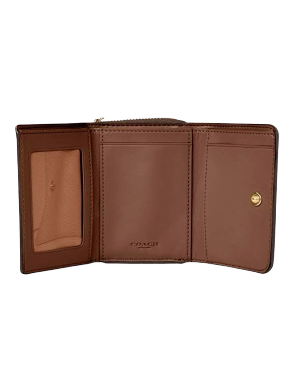 COACH Small Tri-Fold Wallet in Khaki and Gold Signature Coated Canvas - Picture 6 of 10